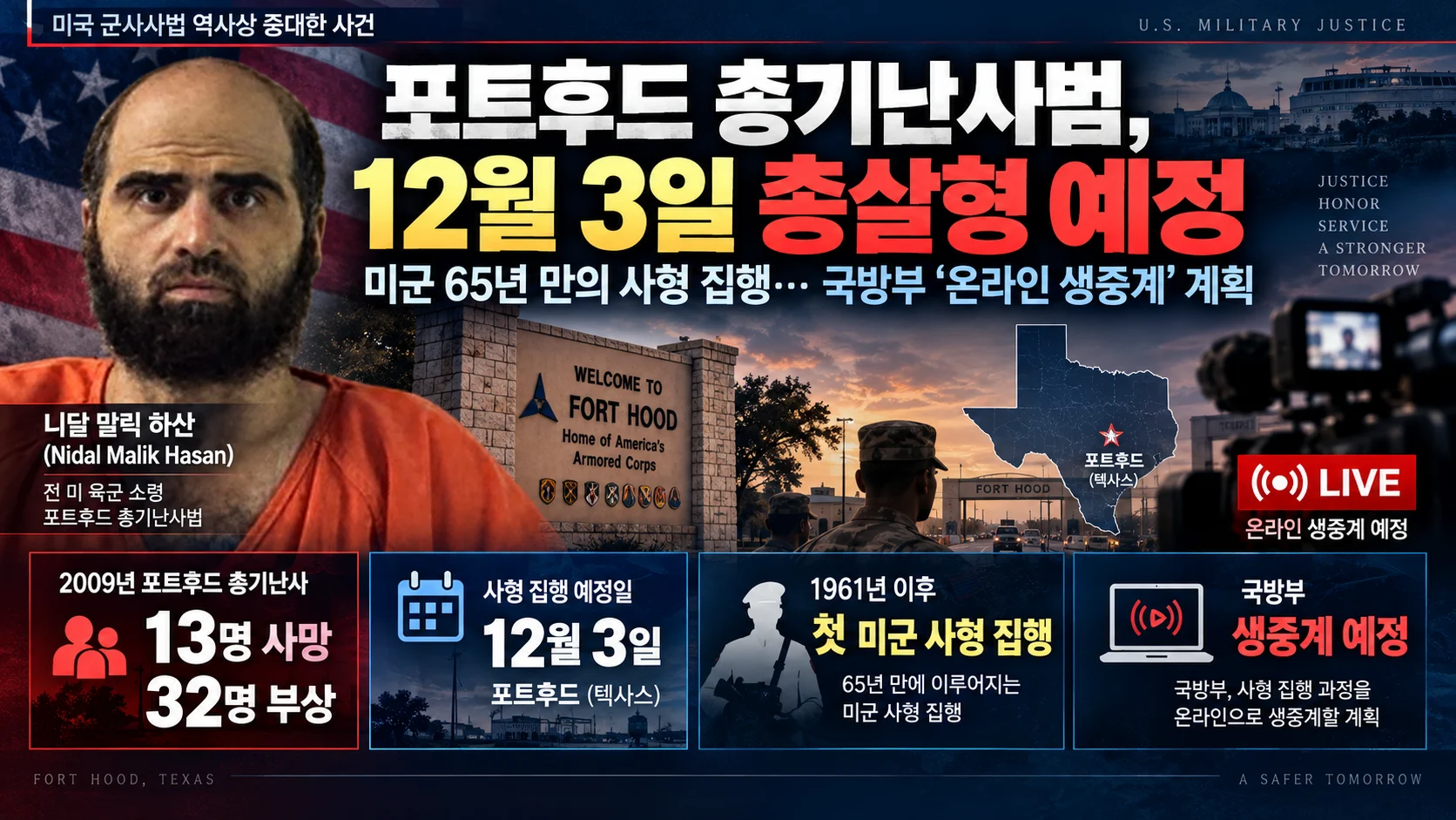 포트후드 총기난사범, 12월 3일 총살형 집행 예정…미군 사형 집행 65년 만