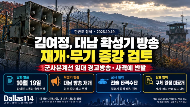 접경지 확성기와 철조망을 배경으로 김여정의 대남 방송 재개·무기 증강 검토 주장을 정리한 달라스114 뉴스 이미지. AI로 생성한 상징적 장면입니다.