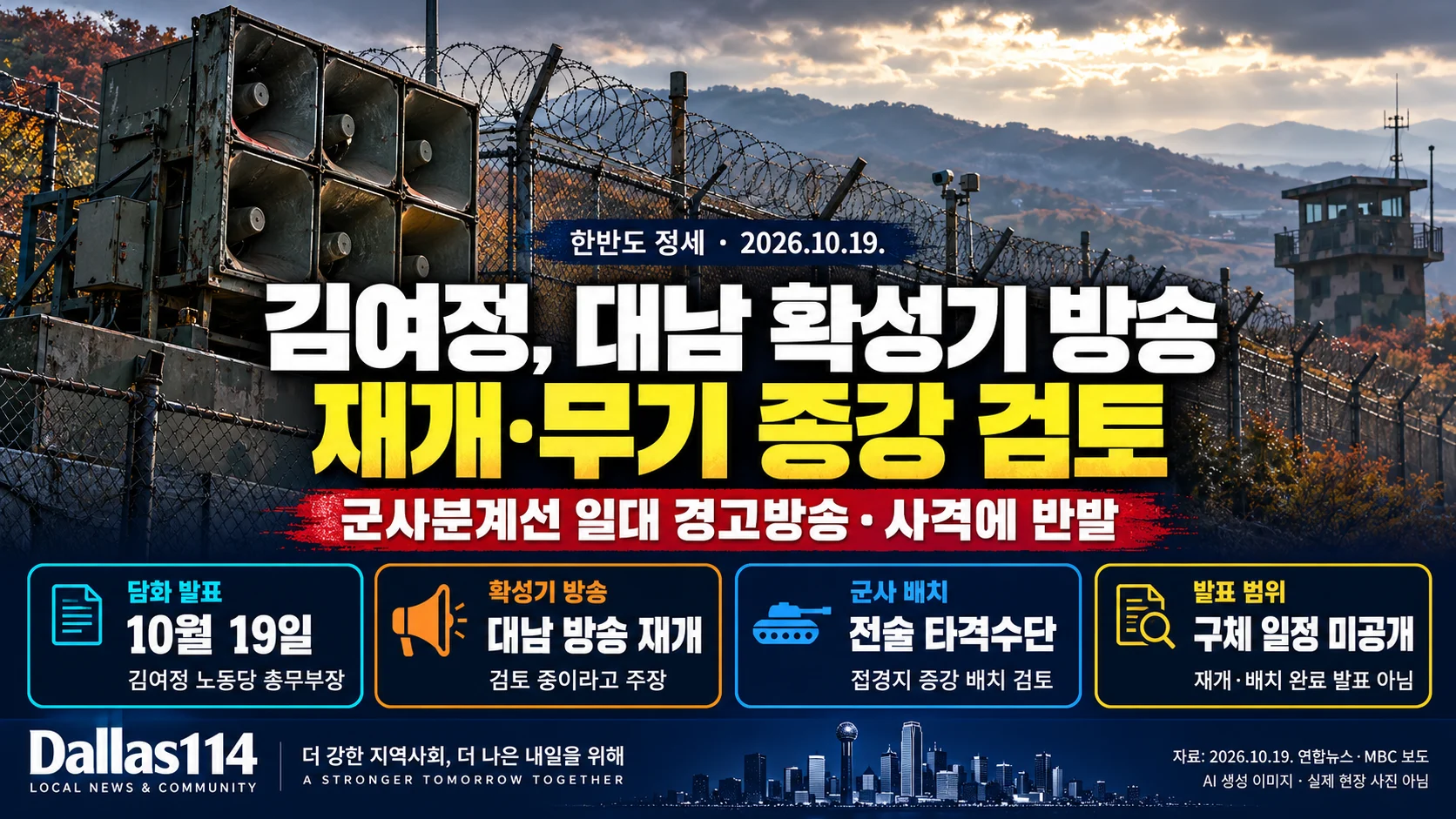접경지 확성기와 철조망을 배경으로 김여정의 대남 방송 재개·무기 증강 검토 주장을 정리한 달라스114 뉴스 이미지. AI로 생성한 상징적 장면입니다.