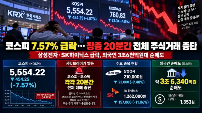 코스피 7.57% 급락…장중 20분간 전체 주식거래 중단
