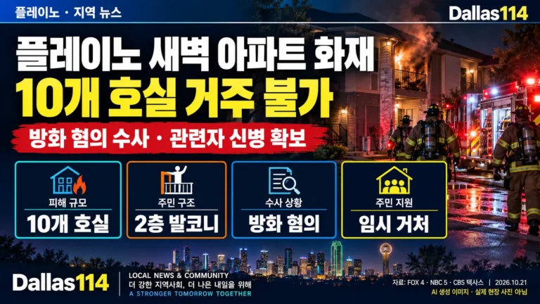 플레이노 아파트 화재와 10개 호실 거주 불가 피해, 방화 수사 상황을 표현한 Dallas114 AI 생성 뉴스 이미지