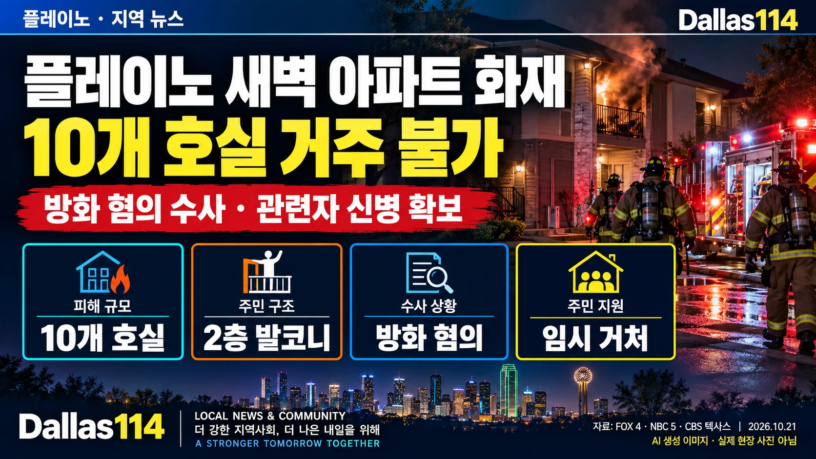 플레이노 아파트 화재와 10개 호실 거주 불가 피해, 방화 수사 상황을 표현한 Dallas114 AI 생성 뉴스 이미지