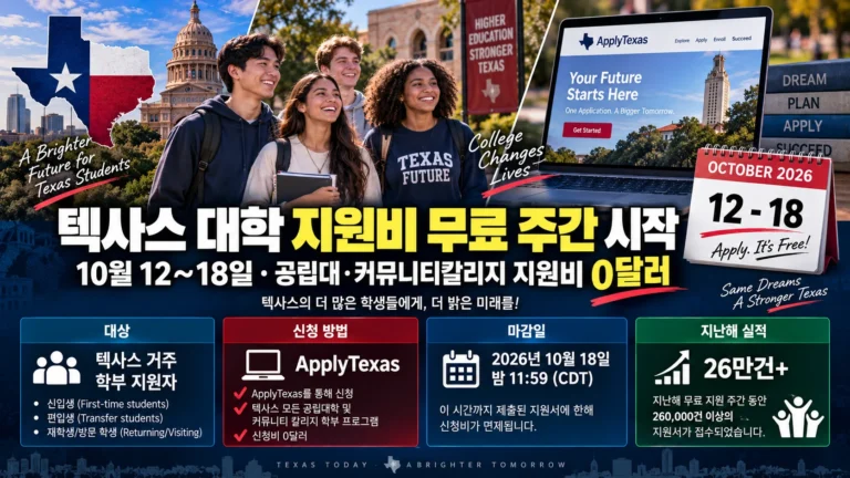 텍사스, 대학 지원비 무료 주간 시작…10월 18일까지 공립대·커뮤니티칼리지 신청비 ‘0달러’