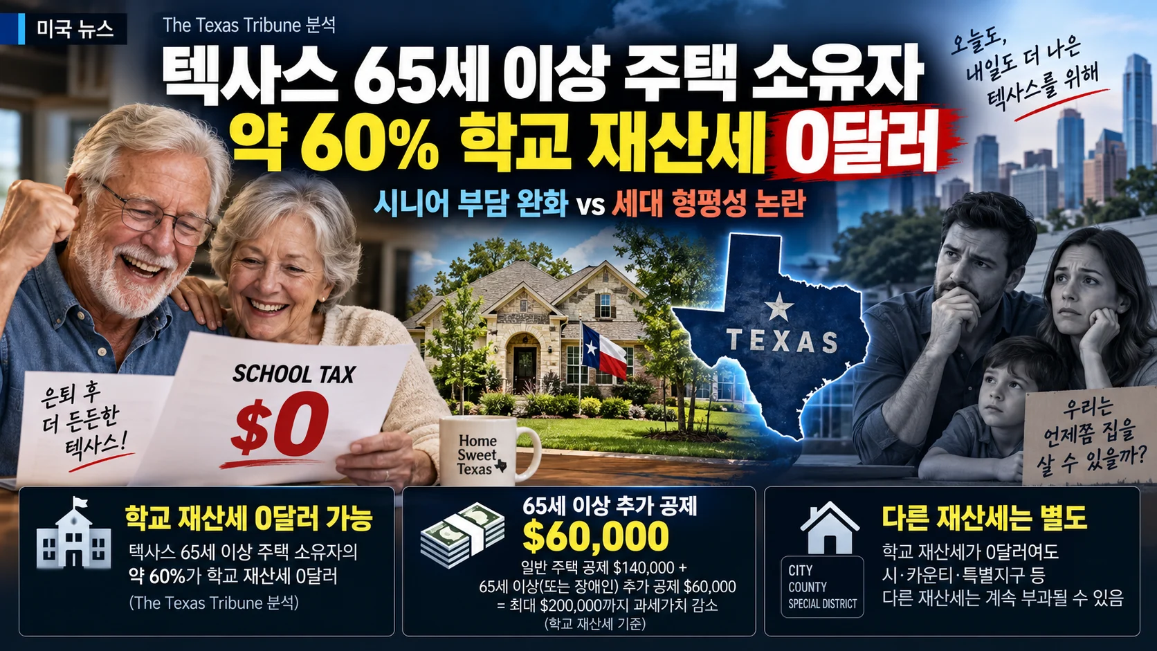 텍사스 65세 이상 주택 소유자 약 60%, 학교 재산세 ‘0달러’…세대 형평성 논란
