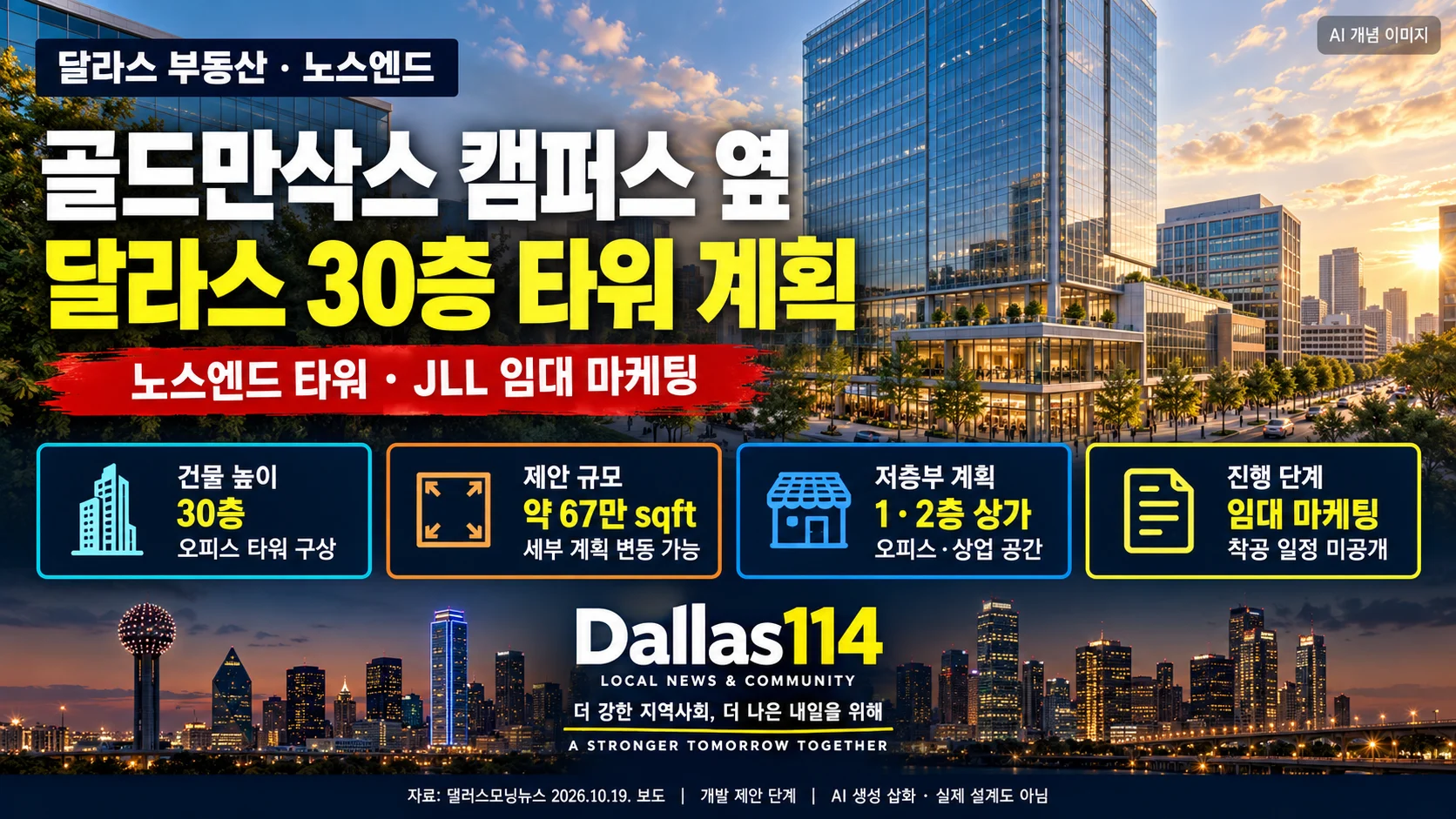 달라스 도심 오피스 타워 개념 삽화에 골드만삭스 캠퍼스 옆 30층 개발계획과 제안 규모를 안내한 달라스114 대표 이미지