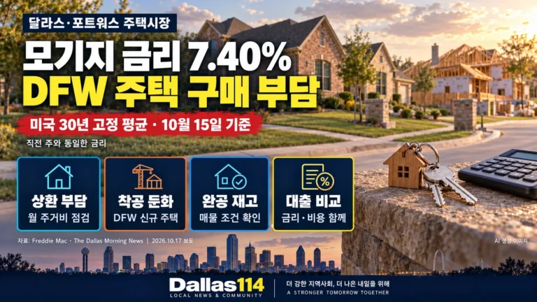 미국 30년 고정 모기지 평균금리 7.40%와 DFW 주택 구매 부담을 다룬 Dallas114 뉴스 이미지로, 교외 주택과 열쇠를 표현한 AI 생성 이미지