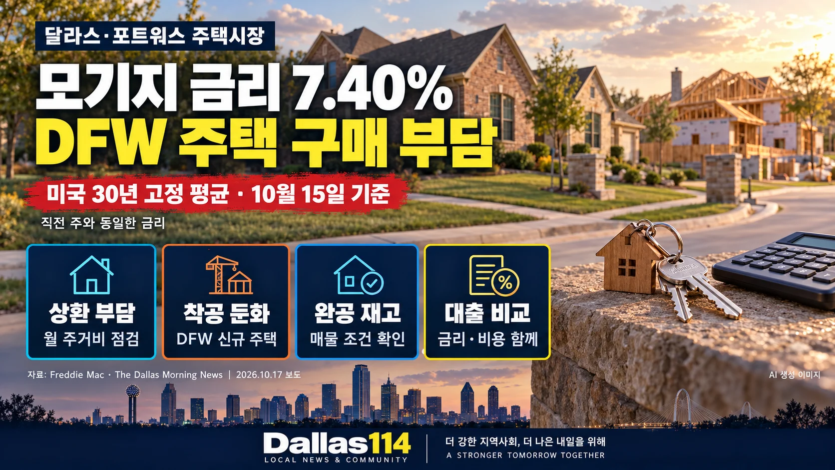 미국 30년 고정 모기지 평균금리 7.40%와 DFW 주택 구매 부담을 다룬 Dallas114 뉴스 이미지로, 교외 주택과 열쇠를 표현한 AI 생성 이미지