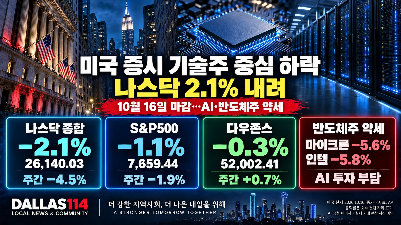 2026년 10월 16일 미국 증시의 나스닥 2.1% 하락과 주요 지수·반도체주 등락률을 정리한 Dallas114 대표 이미지