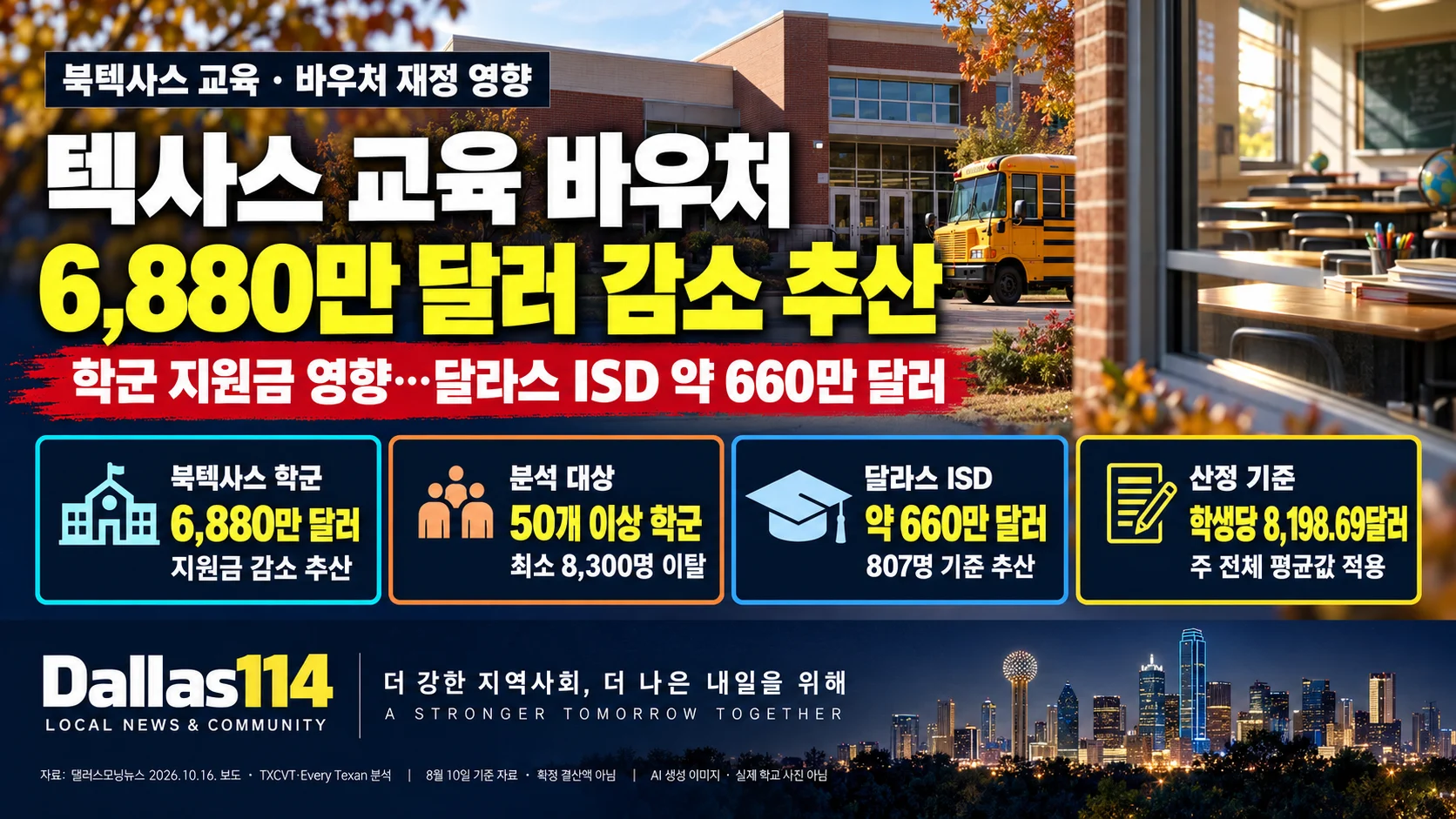 북텍사스 학교와 노란 스쿨버스를 배경으로 교육 바우처에 따른 학군 지원금 감소 추산을 정리한 달라스114 뉴스 이미지. AI로 생성한 상징적 장면입니다.